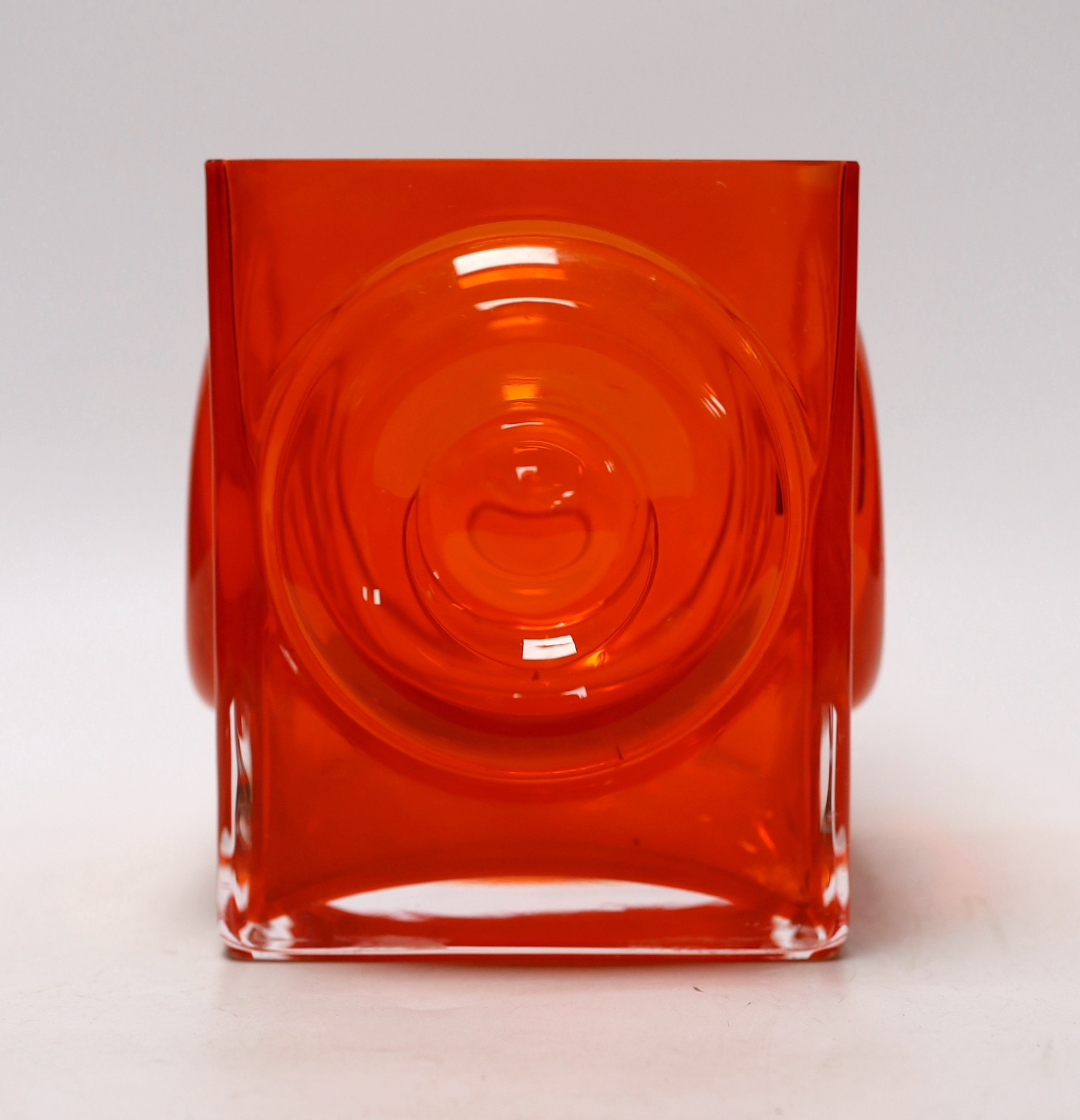 A 1970's tangerine glass vase, 16cms square